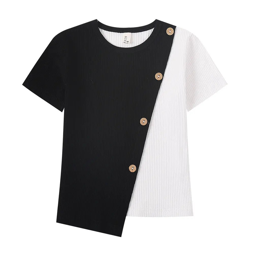 Irregular Contrast Short-Sleeved T-Shirt - FARAH STORE