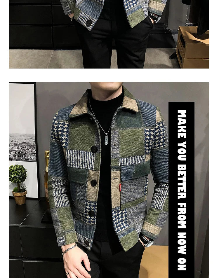 2021 Autumn and Winter Fashion New Men's Casual Lapel Hoodless Jacket / Male Slim Plaid Woolen Coat