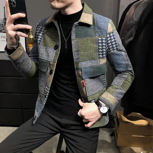 2021 Autumn and Winter Fashion New Men's Casual Lapel Hoodless Jacket / Male Slim Plaid Woolen Coat