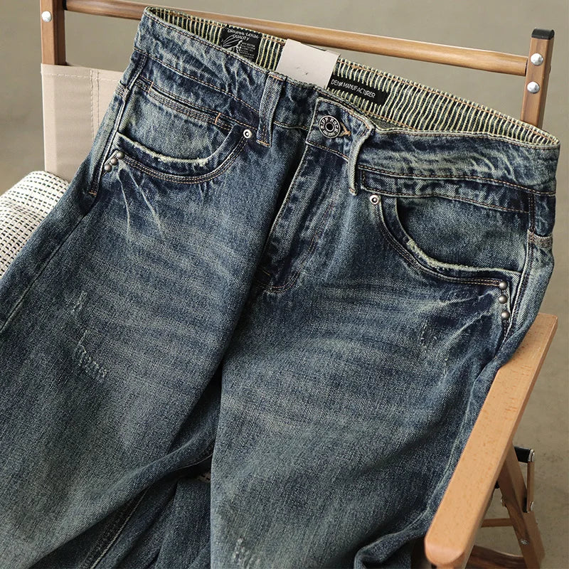 Autumn New American Retro AMI Kaji Heavyweight Denim Jeans Men's Fashion Pure Cotton Washed Old Slim Casual Straight Pants