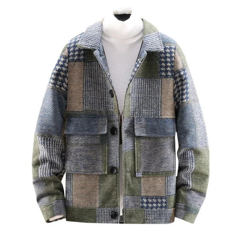 2021 Autumn and Winter Fashion New Men's Casual Lapel Hoodless Jacket / Male Slim Plaid Woolen Coat