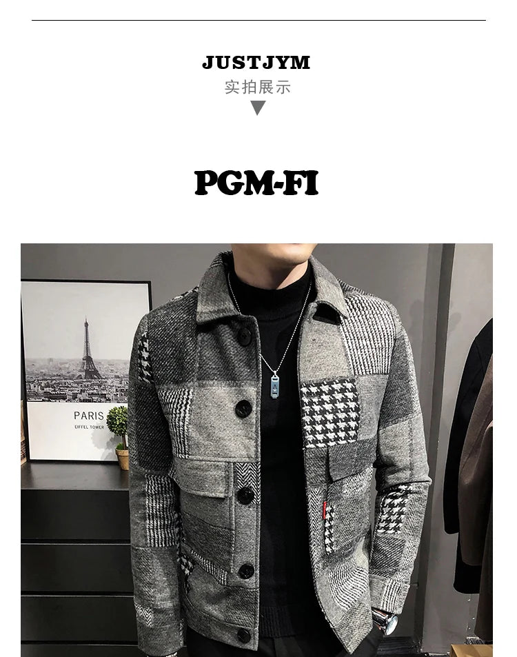 2021 Autumn and Winter Fashion New Men's Casual Lapel Hoodless Jacket / Male Slim Plaid Woolen Coat