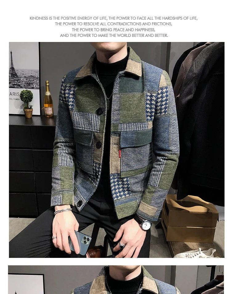 2021 Autumn and Winter Fashion New Men's Casual Lapel Hoodless Jacket / Male Slim Plaid Woolen Coat