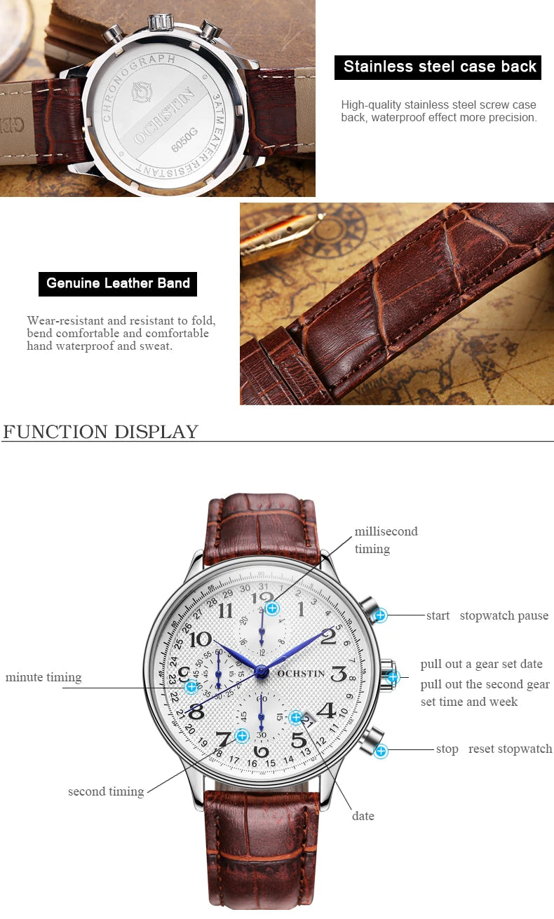 OCHSTIN Top Luxury Brand Men Business Rose Watches Chronograph Waterproof Quartz Analog Wristwatch Male Clock Relogio Masculino