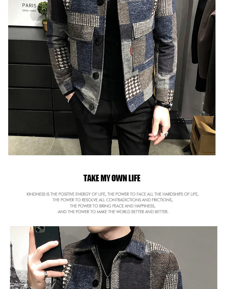 2021 Autumn and Winter Fashion New Men's Casual Lapel Hoodless Jacket / Male Slim Plaid Woolen Coat