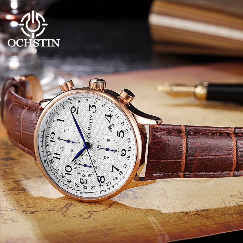 OCHSTIN Top Luxury Brand Men Business Rose Watches Chronograph Waterproof Quartz Analog Wristwatch Male Clock Relogio Masculino