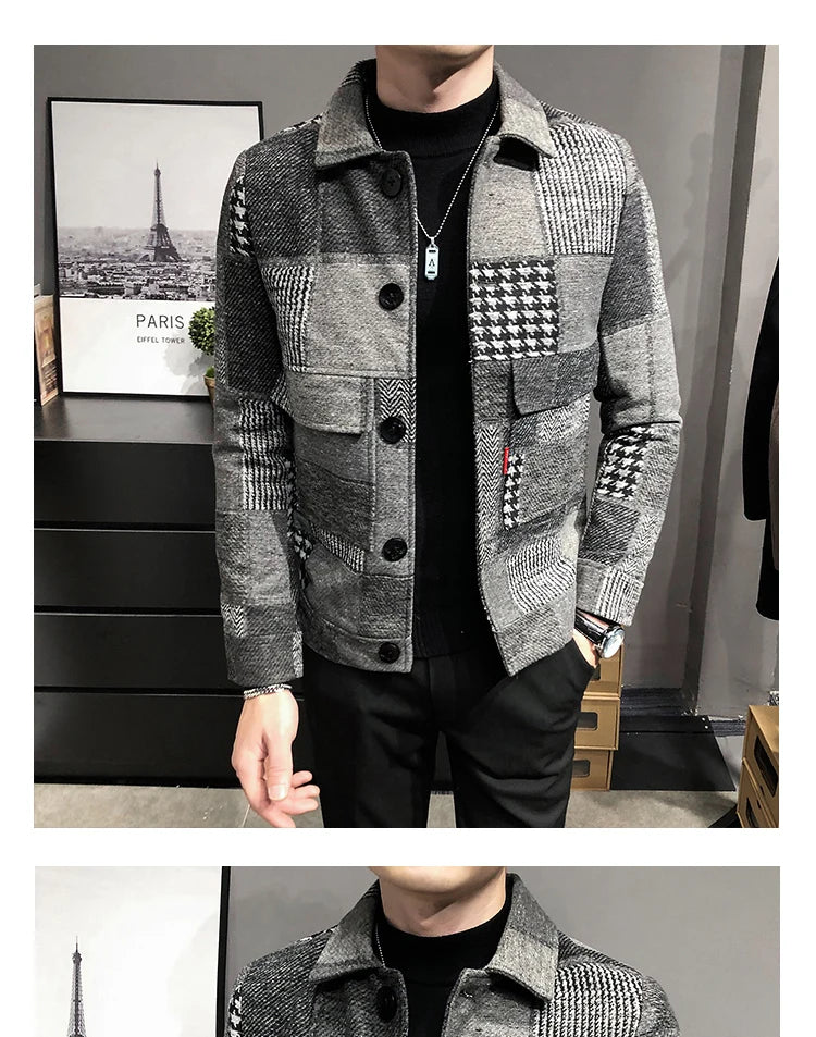 2021 Autumn and Winter Fashion New Men's Casual Lapel Hoodless Jacket / Male Slim Plaid Woolen Coat