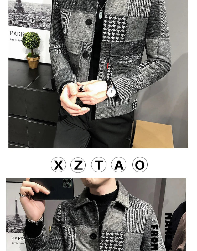 2021 Autumn and Winter Fashion New Men's Casual Lapel Hoodless Jacket / Male Slim Plaid Woolen Coat