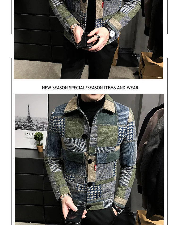 2021 Autumn and Winter Fashion New Men's Casual Lapel Hoodless Jacket / Male Slim Plaid Woolen Coat