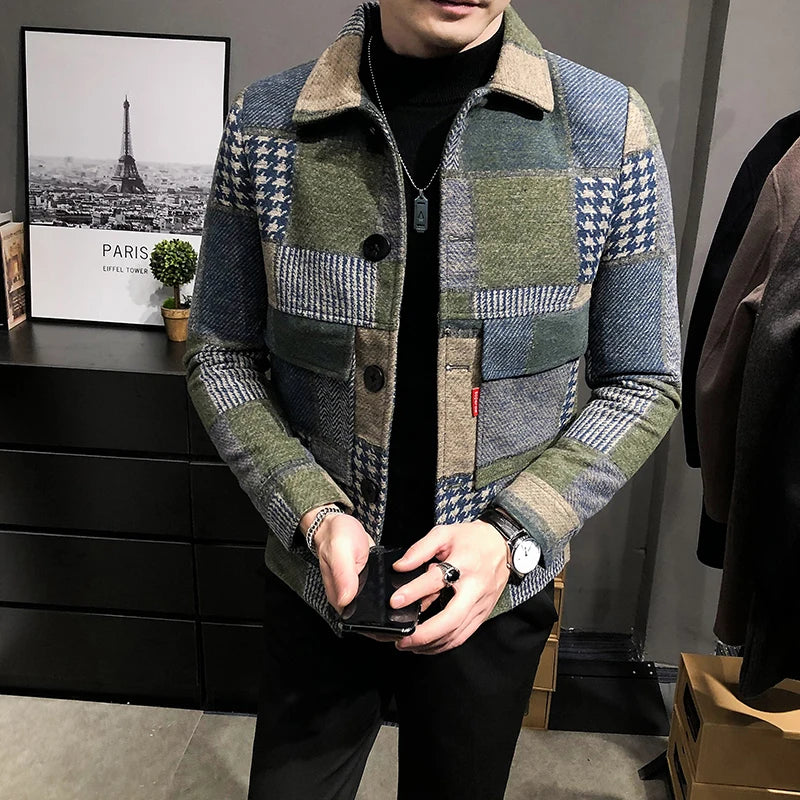 2021 Autumn and Winter Fashion New Men's Casual Lapel Hoodless Jacket / Male Slim Plaid Woolen Coat