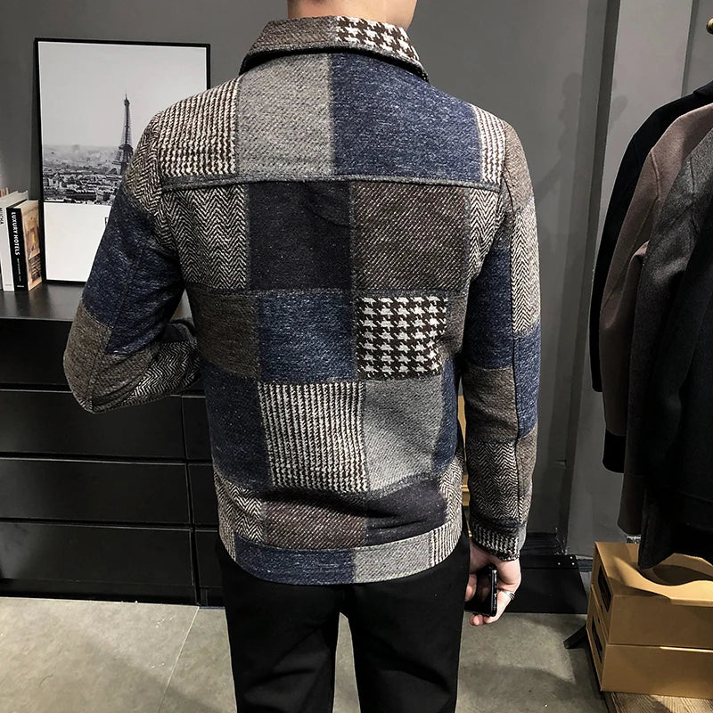 2021 Autumn and Winter Fashion New Men's Casual Lapel Hoodless Jacket / Male Slim Plaid Woolen Coat