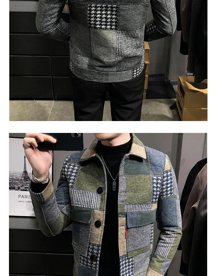 2021 Autumn and Winter Fashion New Men's Casual Lapel Hoodless Jacket / Male Slim Plaid Woolen Coat