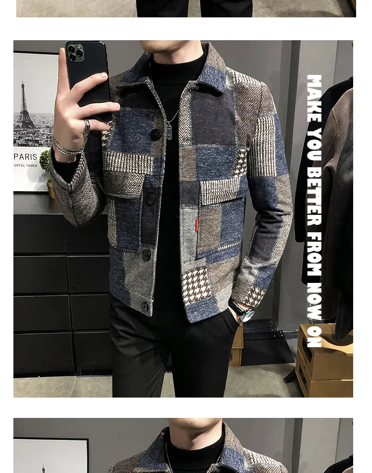 2021 Autumn and Winter Fashion New Men's Casual Lapel Hoodless Jacket / Male Slim Plaid Woolen Coat