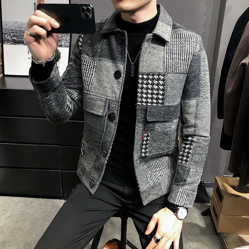 2021 Autumn and Winter Fashion New Men's Casual Lapel Hoodless Jacket / Male Slim Plaid Woolen Coat