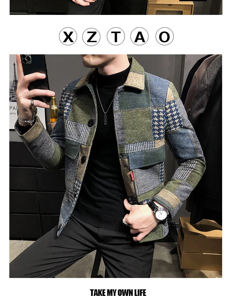 2021 Autumn and Winter Fashion New Men's Casual Lapel Hoodless Jacket / Male Slim Plaid Woolen Coat