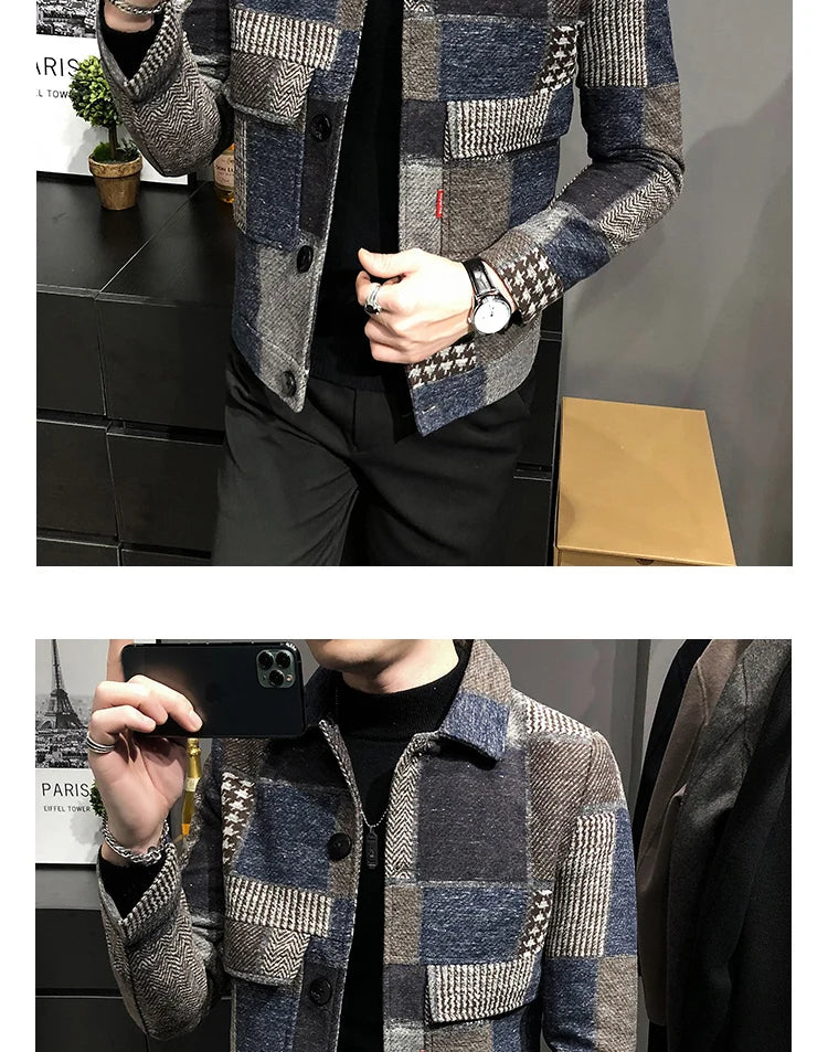 2021 Autumn and Winter Fashion New Men's Casual Lapel Hoodless Jacket / Male Slim Plaid Woolen Coat