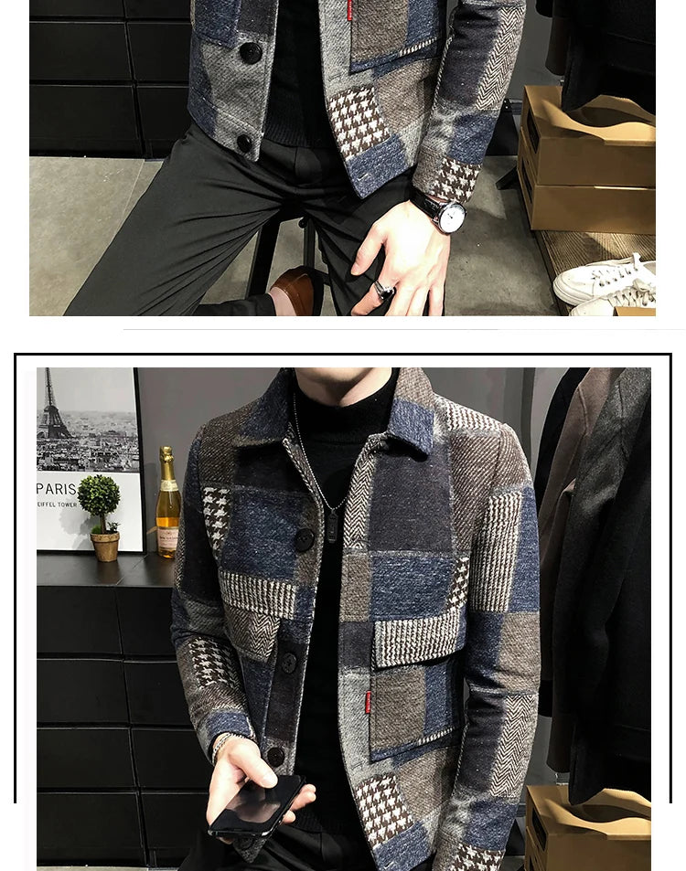 2021 Autumn and Winter Fashion New Men's Casual Lapel Hoodless Jacket / Male Slim Plaid Woolen Coat