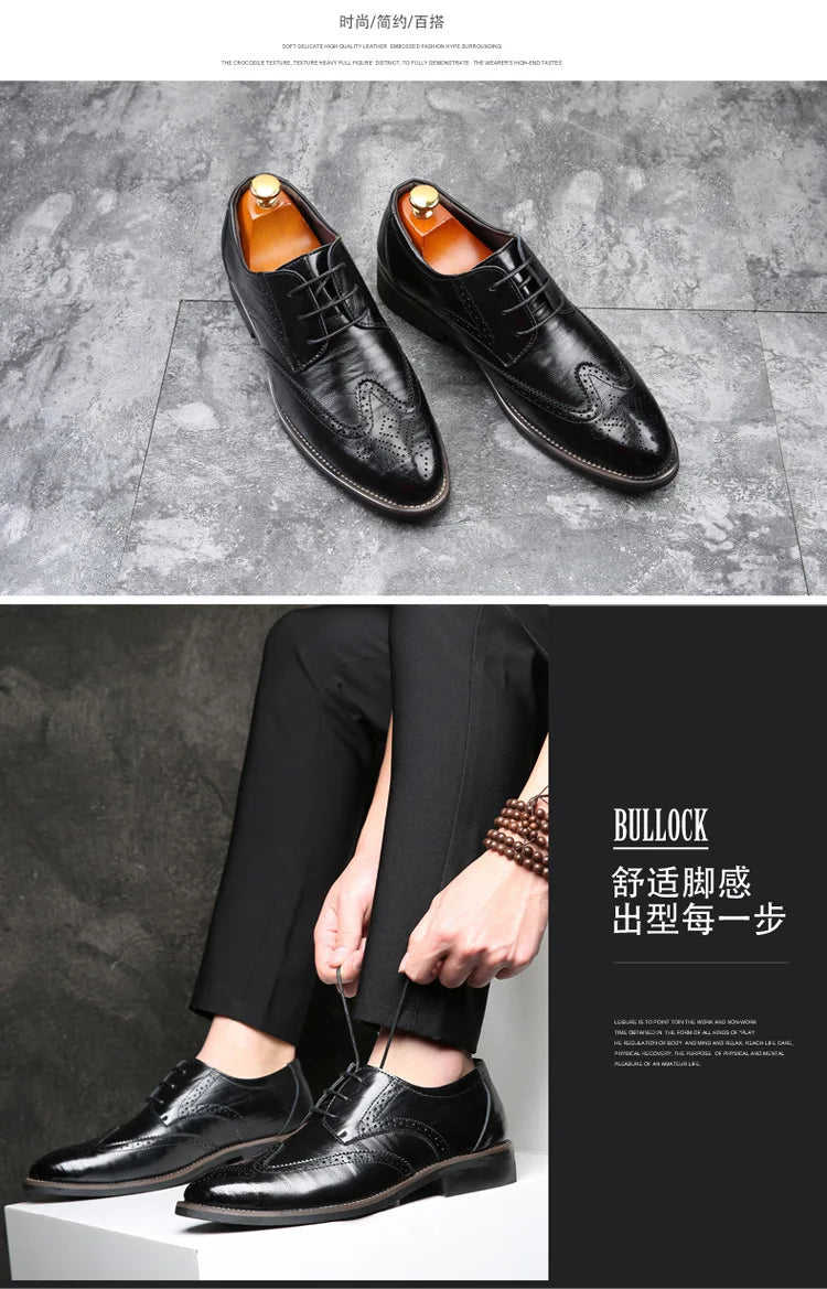 Autumn Winter Classic New Men Oxford Genuine Leather Dress Shoes Brogue Lace Up Flats Male Casual Shoes Black Brown Size 38-48