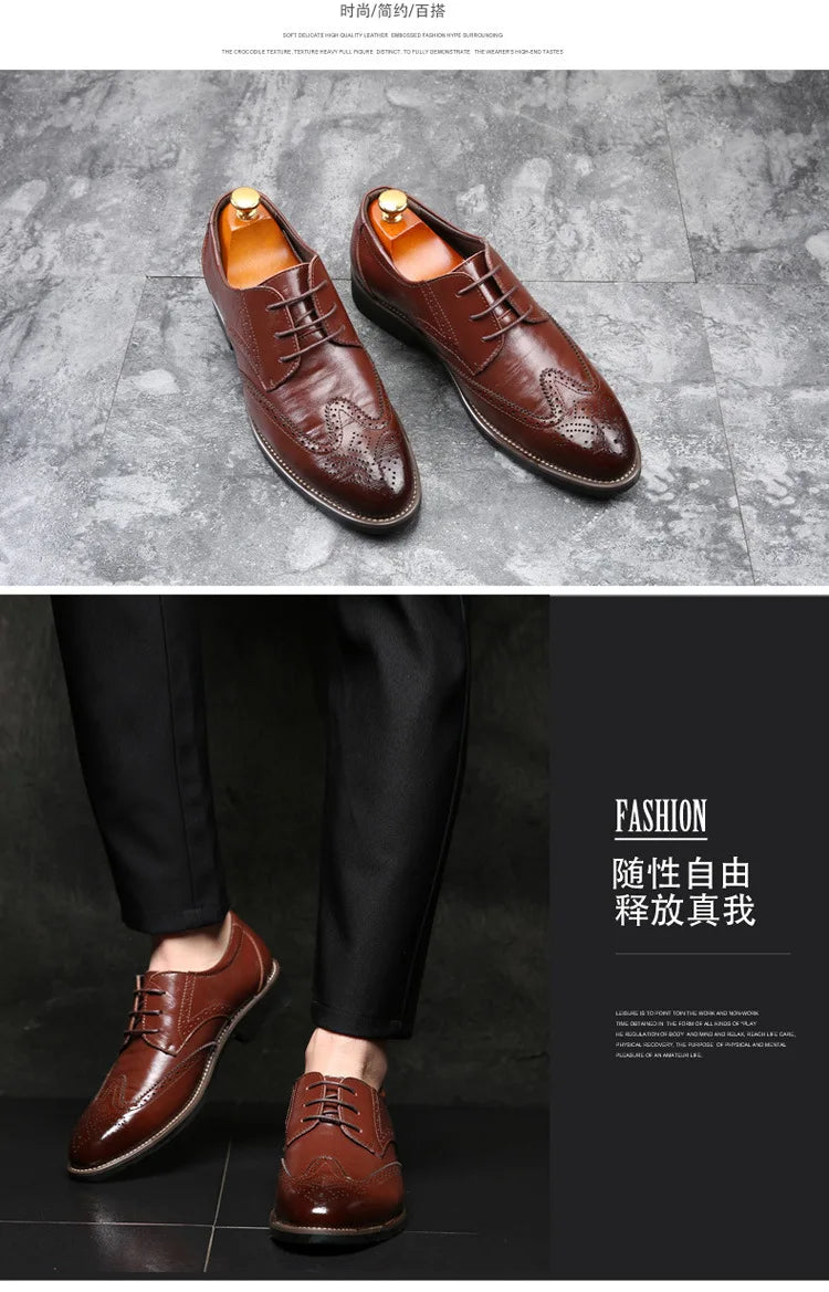 Autumn Winter Classic New Men Oxford Genuine Leather Dress Shoes Brogue Lace Up Flats Male Casual Shoes Black Brown Size 38-48