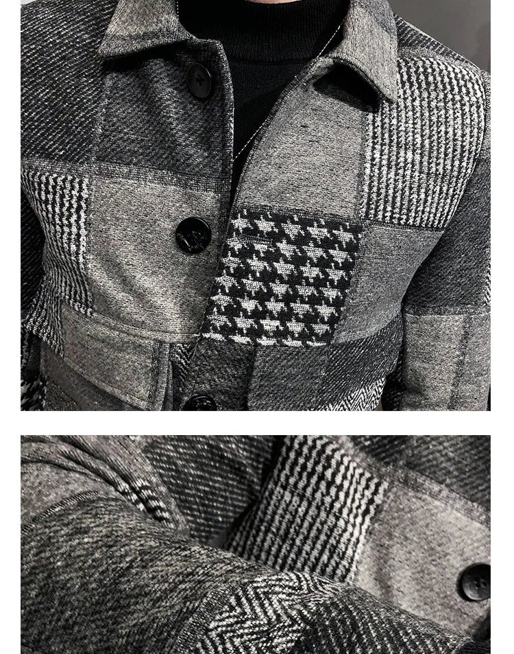 2021 Autumn and Winter Fashion New Men's Casual Lapel Hoodless Jacket / Male Slim Plaid Woolen Coat