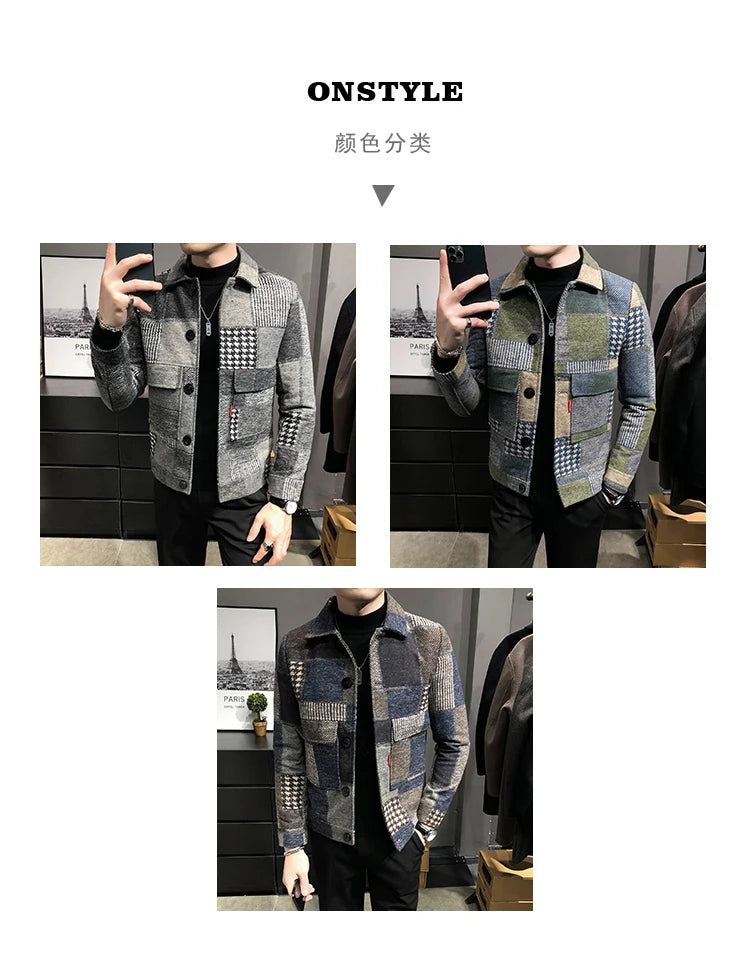 2021 Autumn and Winter Fashion New Men's Casual Lapel Hoodless Jacket / Male Slim Plaid Woolen Coat