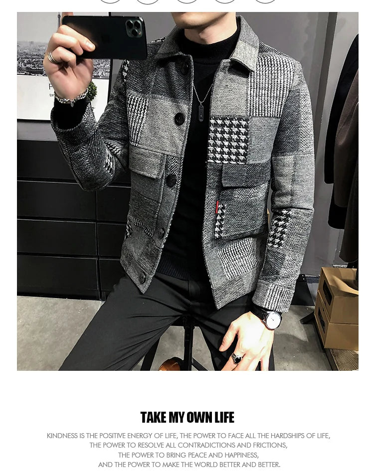 2021 Autumn and Winter Fashion New Men's Casual Lapel Hoodless Jacket / Male Slim Plaid Woolen Coat