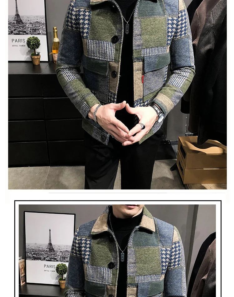 2021 Autumn and Winter Fashion New Men's Casual Lapel Hoodless Jacket / Male Slim Plaid Woolen Coat