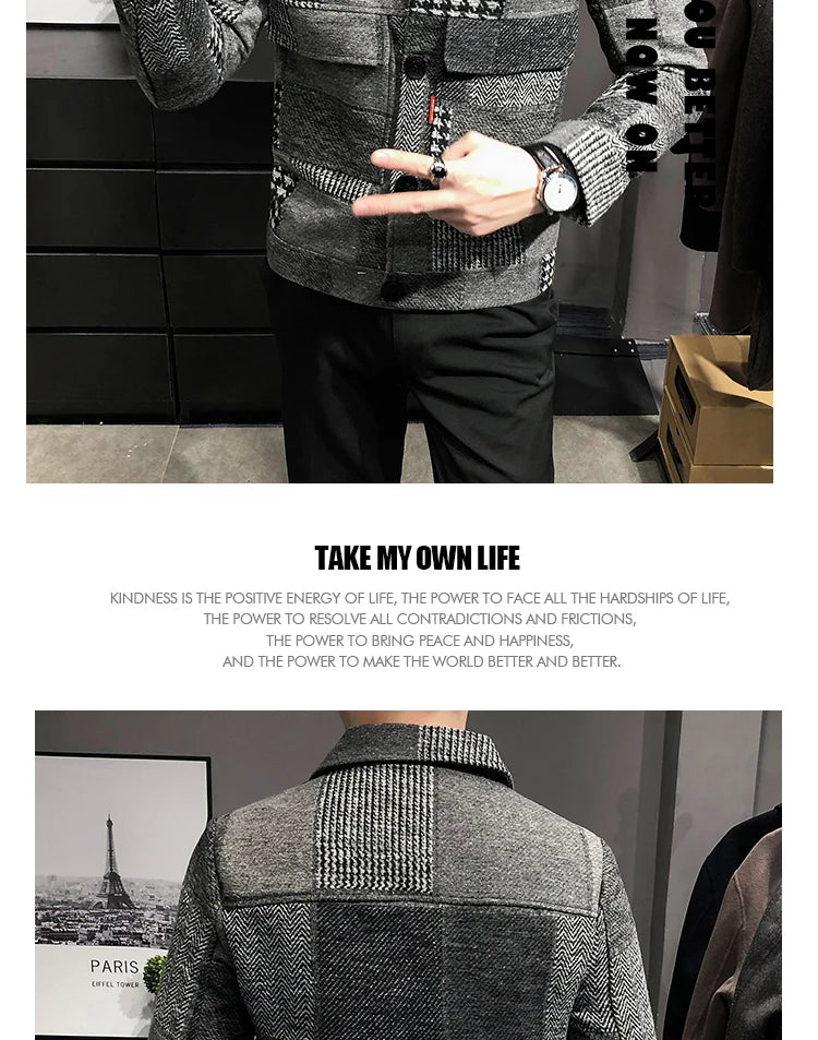 2021 Autumn and Winter Fashion New Men's Casual Lapel Hoodless Jacket / Male Slim Plaid Woolen Coat