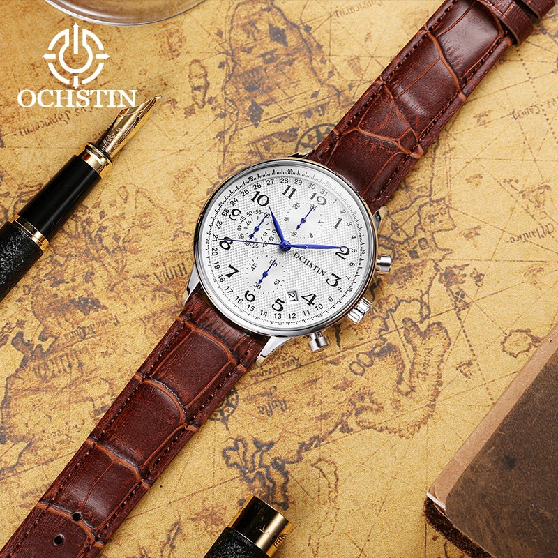 OCHSTIN Top Luxury Brand Men Business Rose Watches Chronograph Waterproof Quartz Analog Wristwatch Male Clock Relogio Masculino