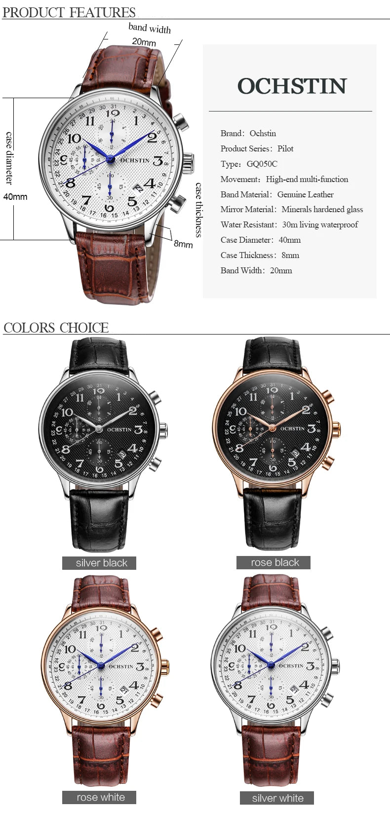 OCHSTIN Top Luxury Brand Men Business Rose Watches Chronograph Waterproof Quartz Analog Wristwatch Male Clock Relogio Masculino