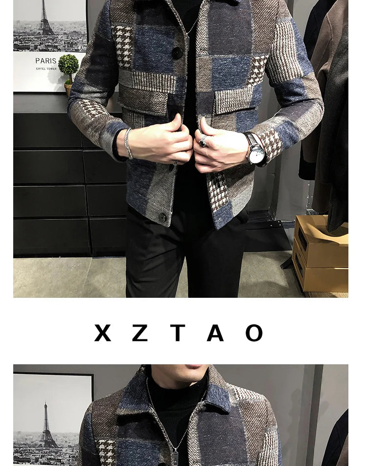 2021 Autumn and Winter Fashion New Men's Casual Lapel Hoodless Jacket / Male Slim Plaid Woolen Coat