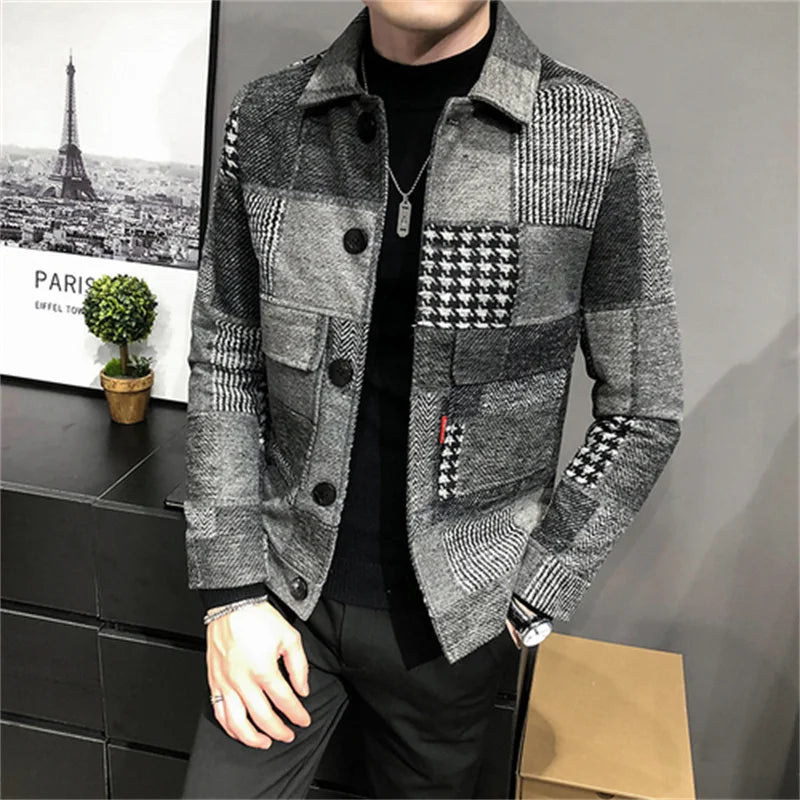 2021 Autumn and Winter Fashion New Men's Casual Lapel Hoodless Jacket / Male Slim Plaid Woolen Coat