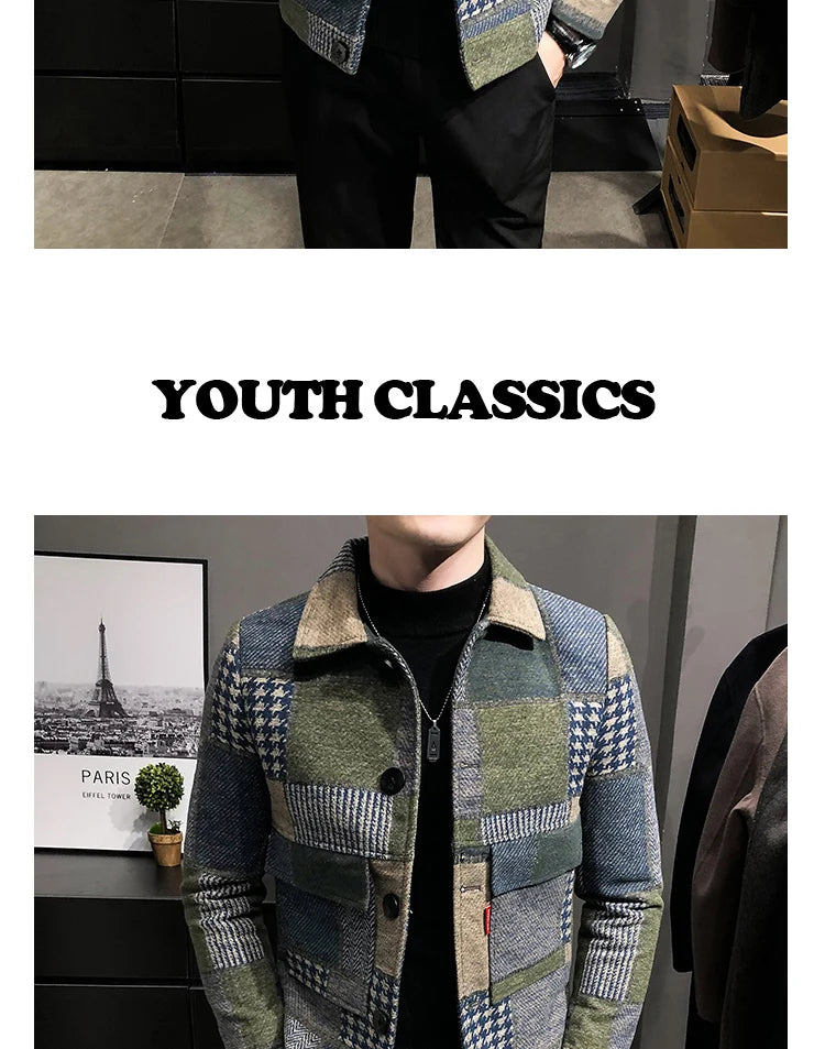 2021 Autumn and Winter Fashion New Men's Casual Lapel Hoodless Jacket / Male Slim Plaid Woolen Coat