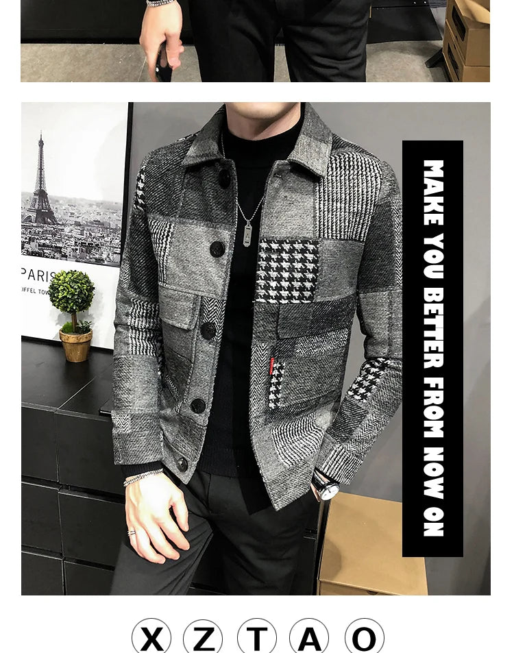 2021 Autumn and Winter Fashion New Men's Casual Lapel Hoodless Jacket / Male Slim Plaid Woolen Coat