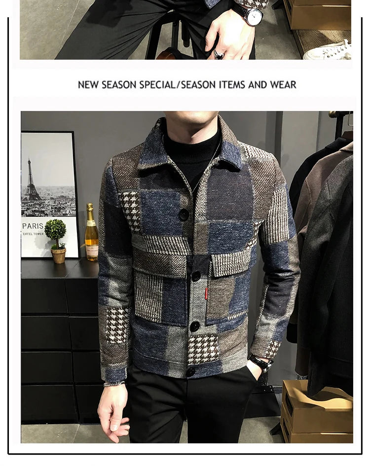 2021 Autumn and Winter Fashion New Men's Casual Lapel Hoodless Jacket / Male Slim Plaid Woolen Coat