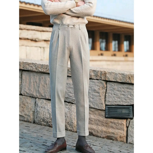 Casual High-Waisted Straight-Leg Woolen Trousers Thick Warm Versatile British Style Autumn Winter New Men's Suit Pants