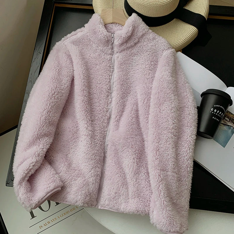 Warm Stand Up Collar Lambhair Jacket  Women's Autumn Winter Loose Long Sleeved Outwear Simple Solid Color Fleece Short Top