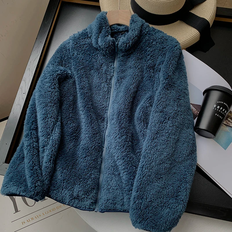 Warm Stand Up Collar Lambhair Jacket  Women's Autumn Winter Loose Long Sleeved Outwear Simple Solid Color Fleece Short Top