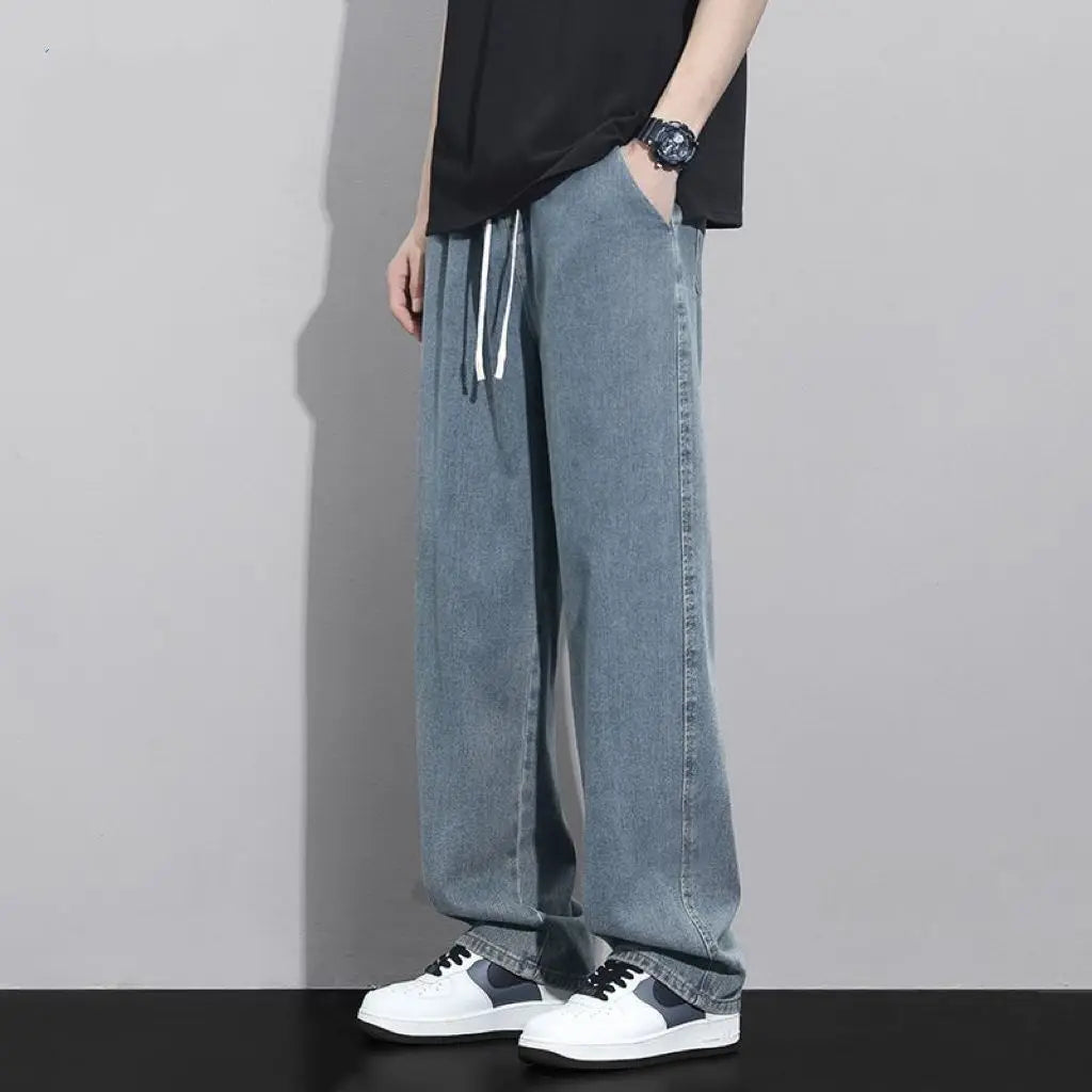 Street Fashion Trend Loose Versatile Wide Leg Jeans Men Elastic Waist Drawstring Pockets Summer Thin Casual Straight Trousers