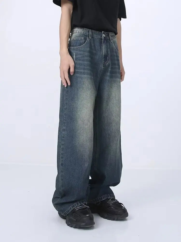 Blue Baggy Jeans Men's Streetwear Straight Fashion Wide Leg Pants Washed Distressed Loose Denim Trousers Y2K Casual Male Clothes