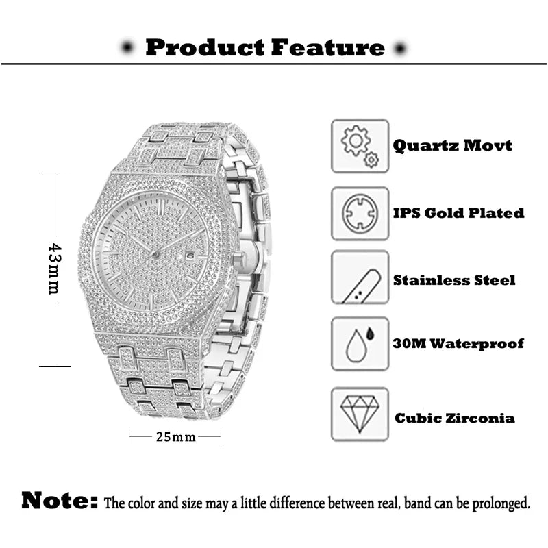 Luxury Iced Watches Mens Brand PLADEN Fashion Stainless Steel Quartz WristWatch Hip Hop Diamond Bling Watch For Man Dropshipping