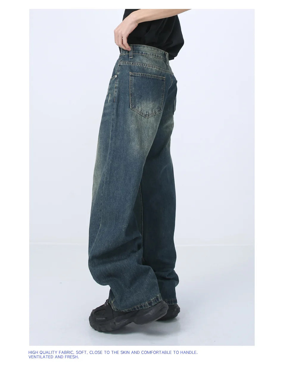 Blue Baggy Jeans Men's Streetwear Straight Fashion Wide Leg Pants Washed Distressed Loose Denim Trousers Y2K Casual Male Clothes