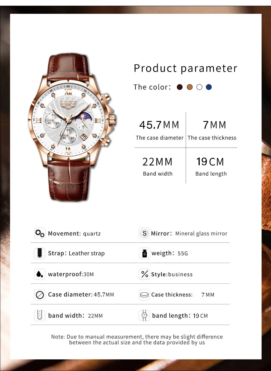 2024 Watches Luxury Men LIGE Brand Fashion Quartz Watches Business Casual Clock Leather Waterproof Mens Wristwatch Reloj Hombre