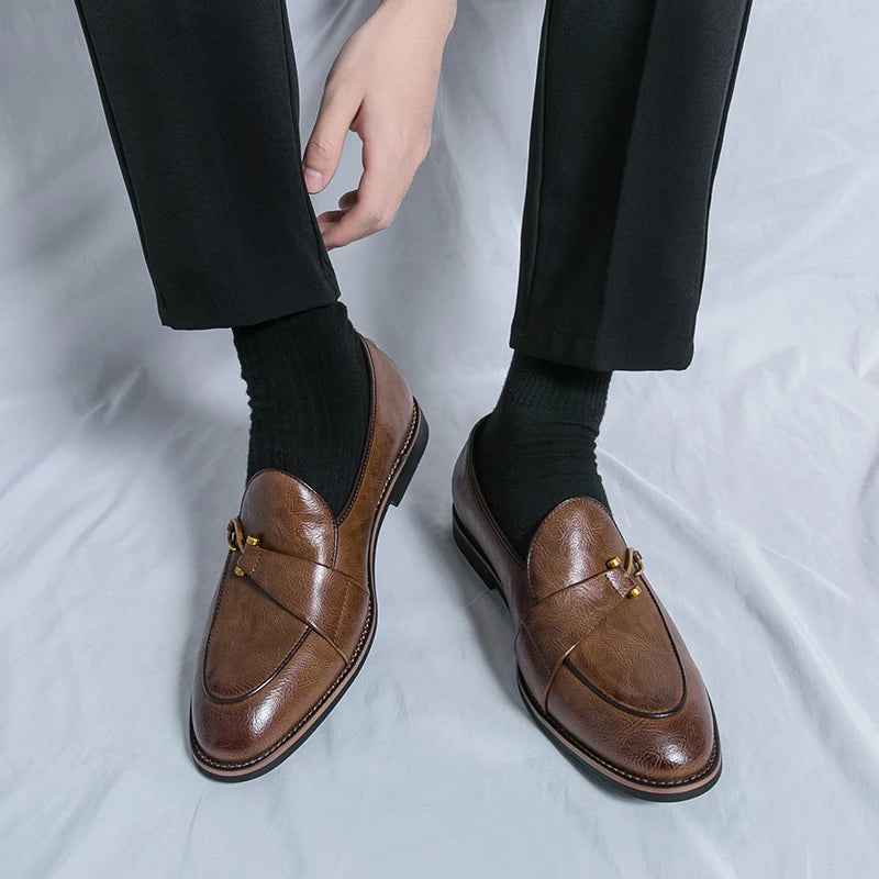 Fashion Penny Slip On Loafers Leather Men Shoes Simple Pointed Toe Dress Business Suit Casual Party Wedding Shoes Soft Comforty