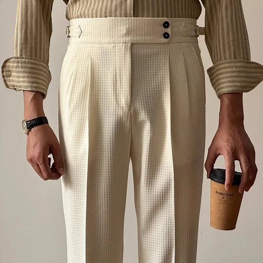 High-Waisted Straight-Leg Casual Pants Men Quality Brand High Aesthetic Value Walf Checks Double Pleat Casual Trousers Khaki