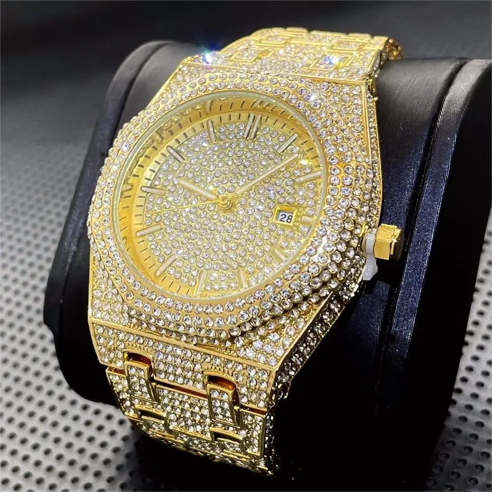 Luxury Iced Watches Mens Brand PLADEN Fashion Stainless Steel Quartz WristWatch Hip Hop Diamond Bling Watch For Man Dropshipping