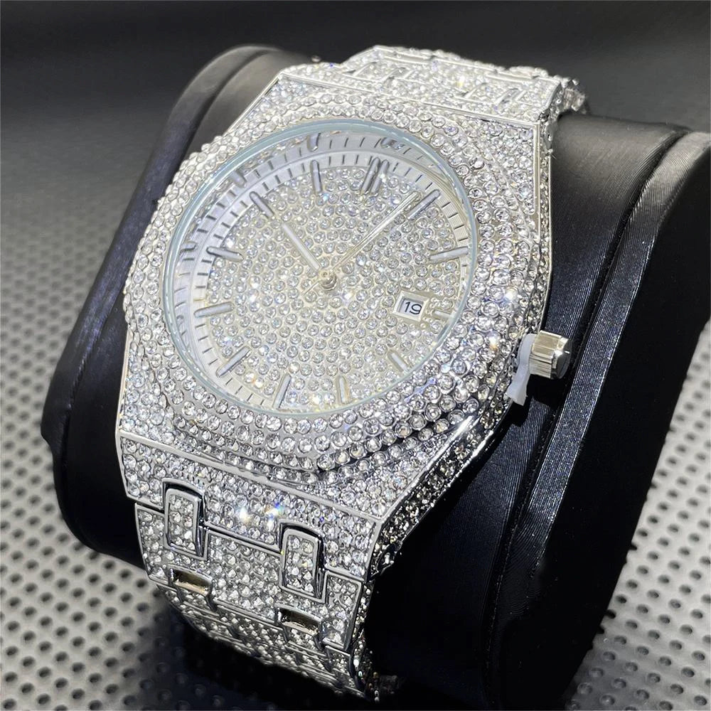 Luxury Iced Watches Mens Brand PLADEN Fashion Stainless Steel Quartz WristWatch Hip Hop Diamond Bling Watch For Man Dropshipping