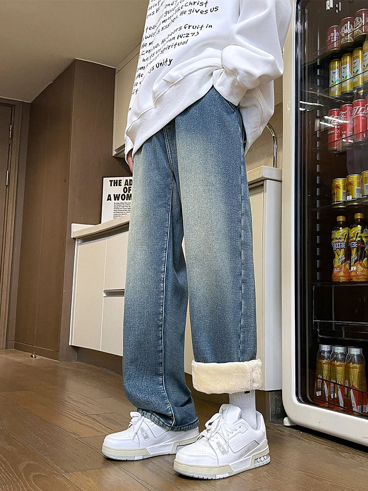 Men's Winter Pants Fleece-lined Straight Jeans Korean Fashion Elastic Waist Semi-Wide Baggy Denim Pants Thick Warm Jean Trousers