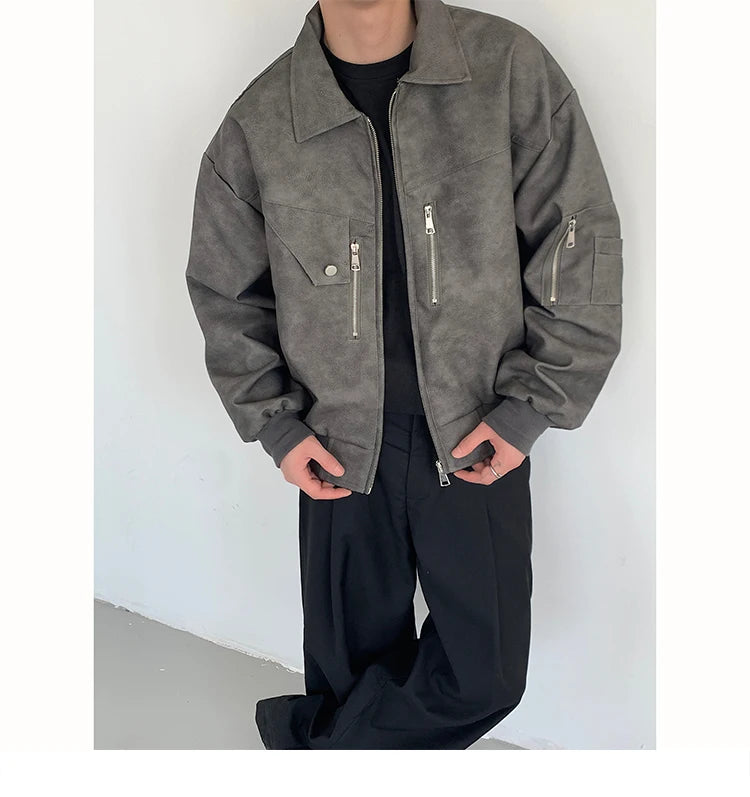 IEFB American Style Male Coats Zipper Patchwoek PU Leather Tops Turn-down Collar Casual Solid Color Men's Jackets Autumn  9C6812