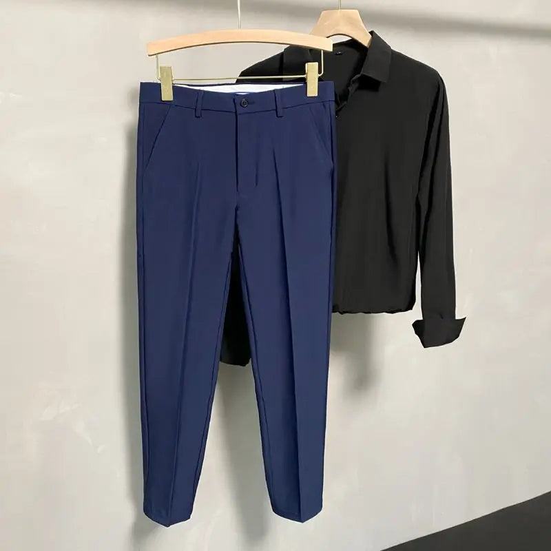 Suit Pants Men Leisure Straight Drape Korean Classic Fashion Business Casual Formal Wear Nine Point Solid Trousers Male H171